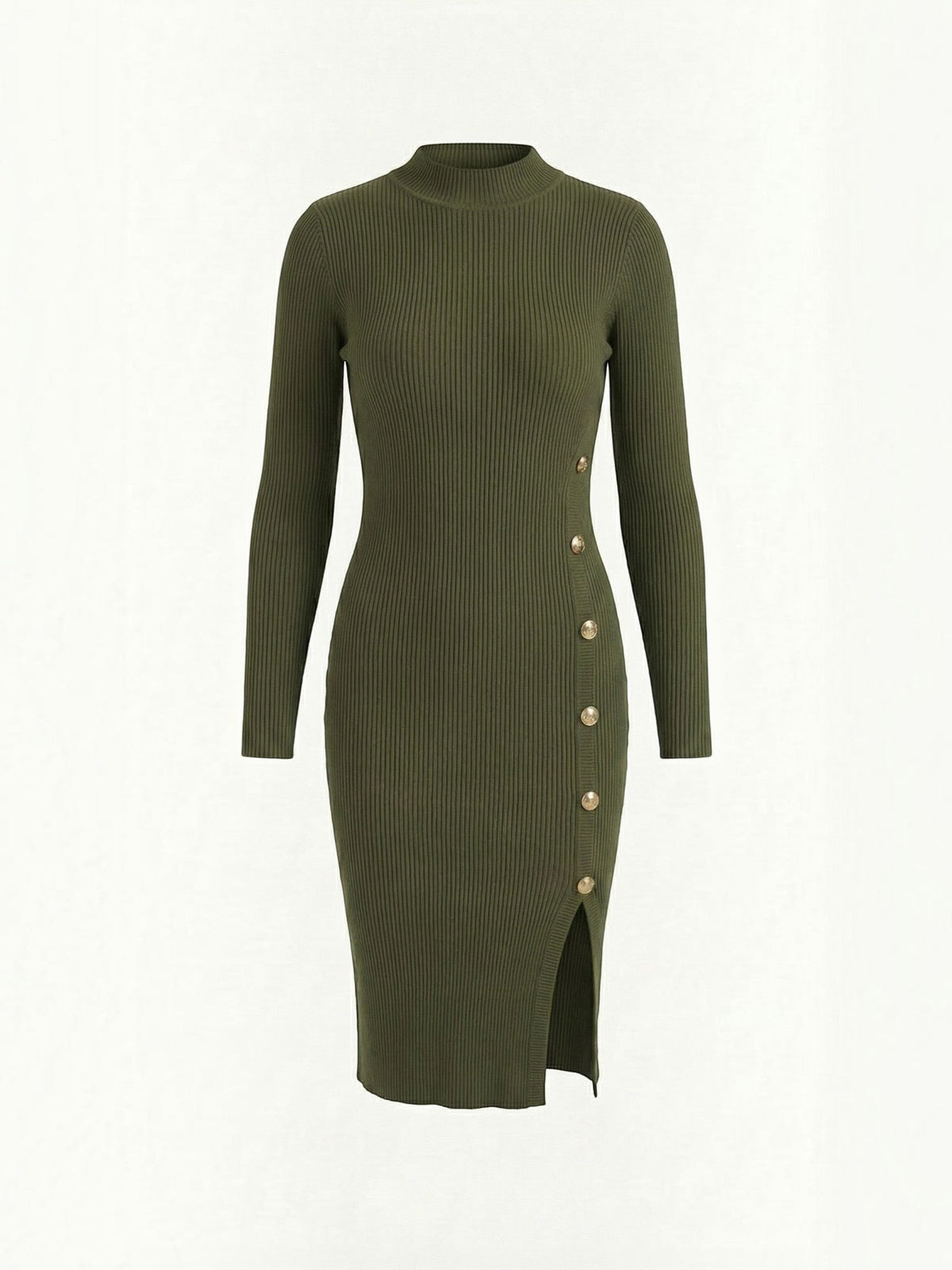 Erin Ribbed Knit Gold Button Midi Dress