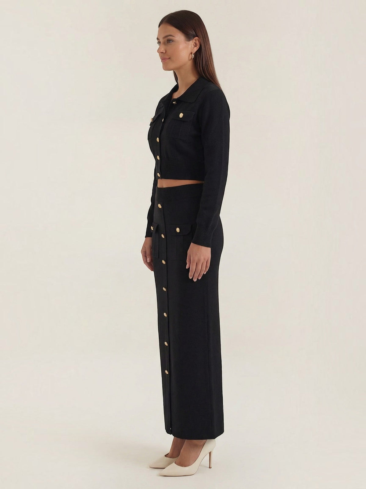 Evelyn Polo Collar Knit Jacket and Maxi Skirt Set