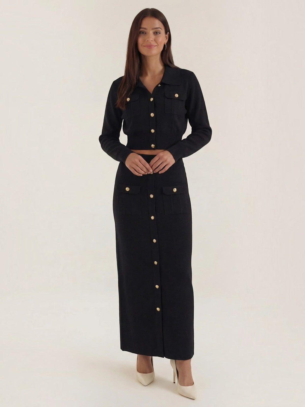 Evelyn Polo Collar Knit Jacket and Maxi Skirt Set