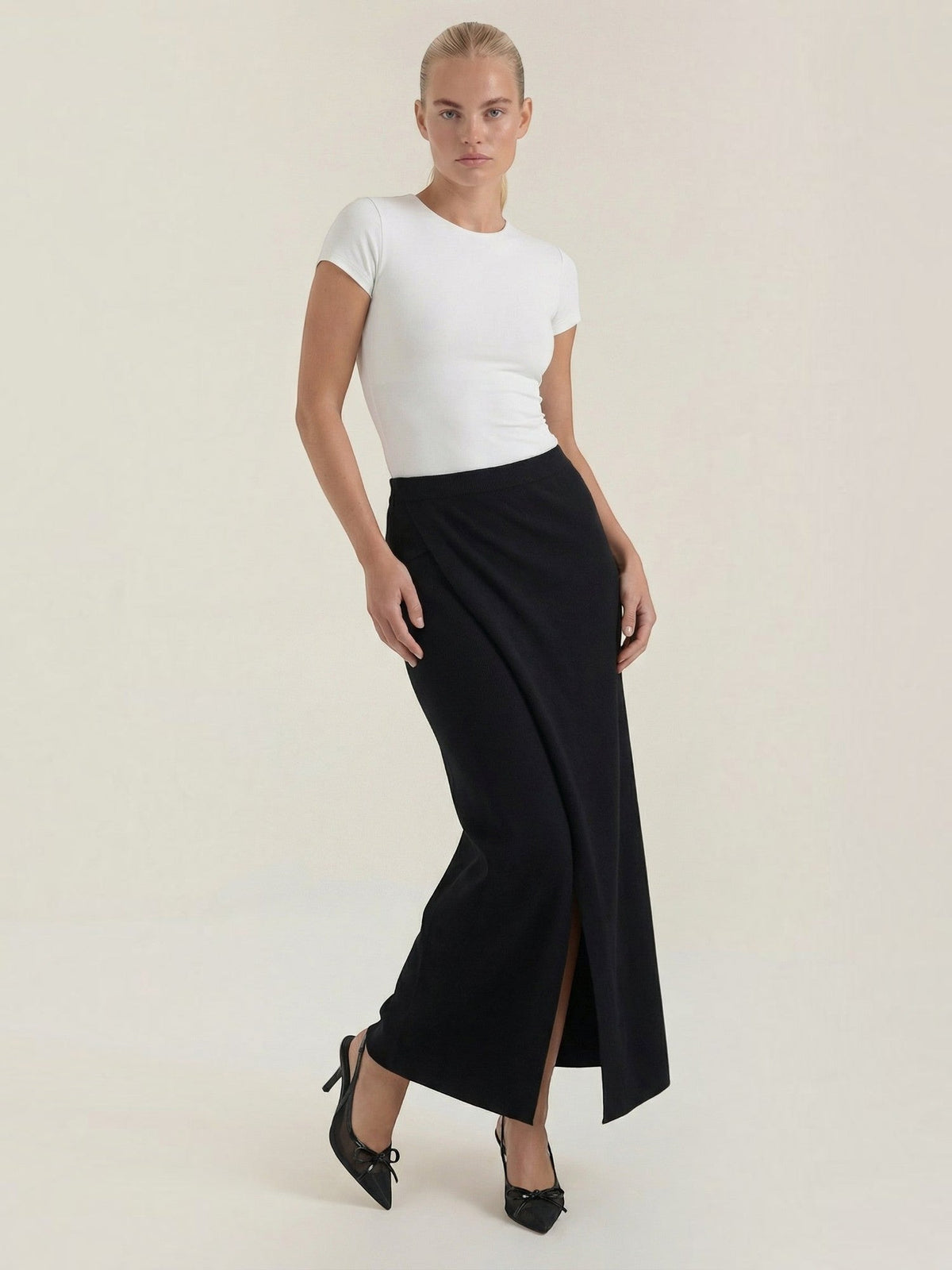 Gwendolyn Ribbed Knit Wrap Maxi Skirt with Slit