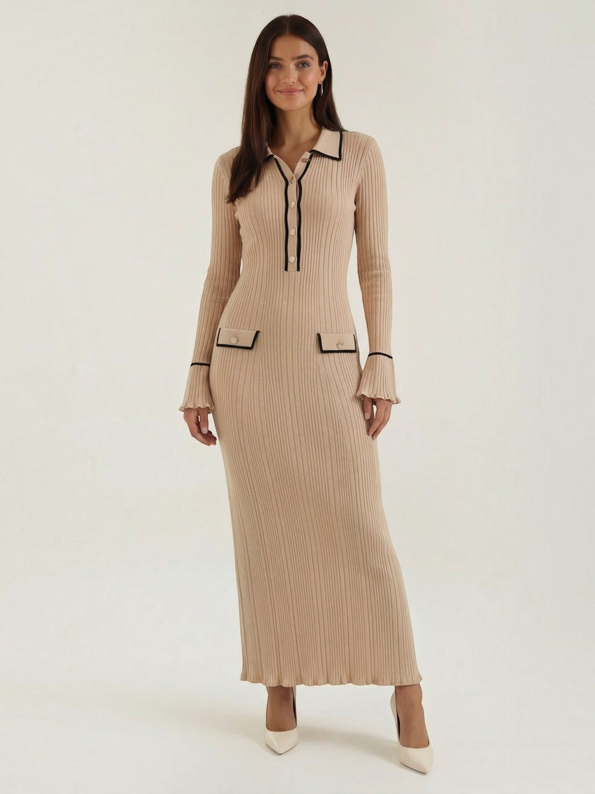 Josephine Polo Collar Ribbed Knit Maxi Dress
