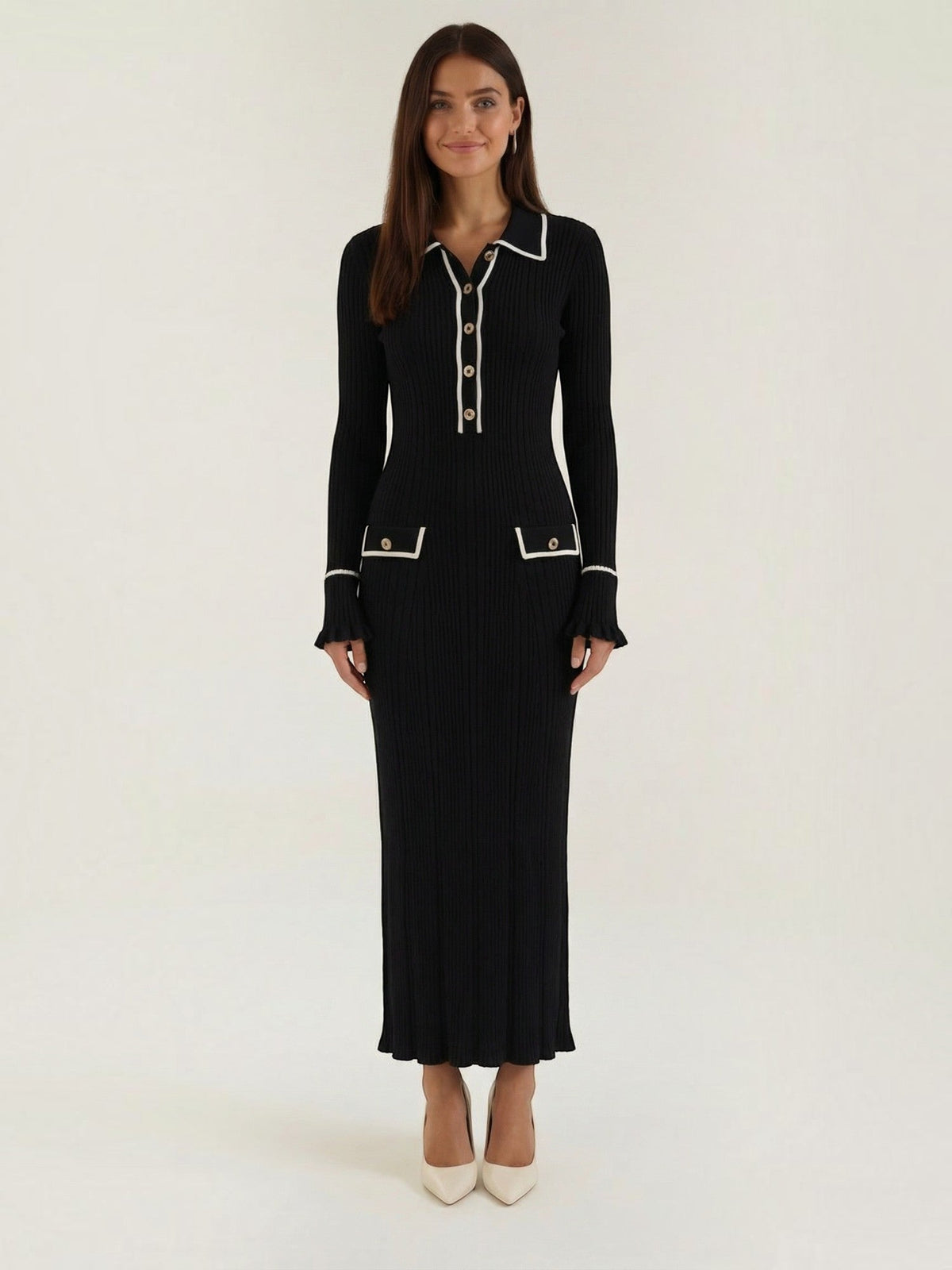 Josephine Polo Collar Ribbed Knit Maxi Dress