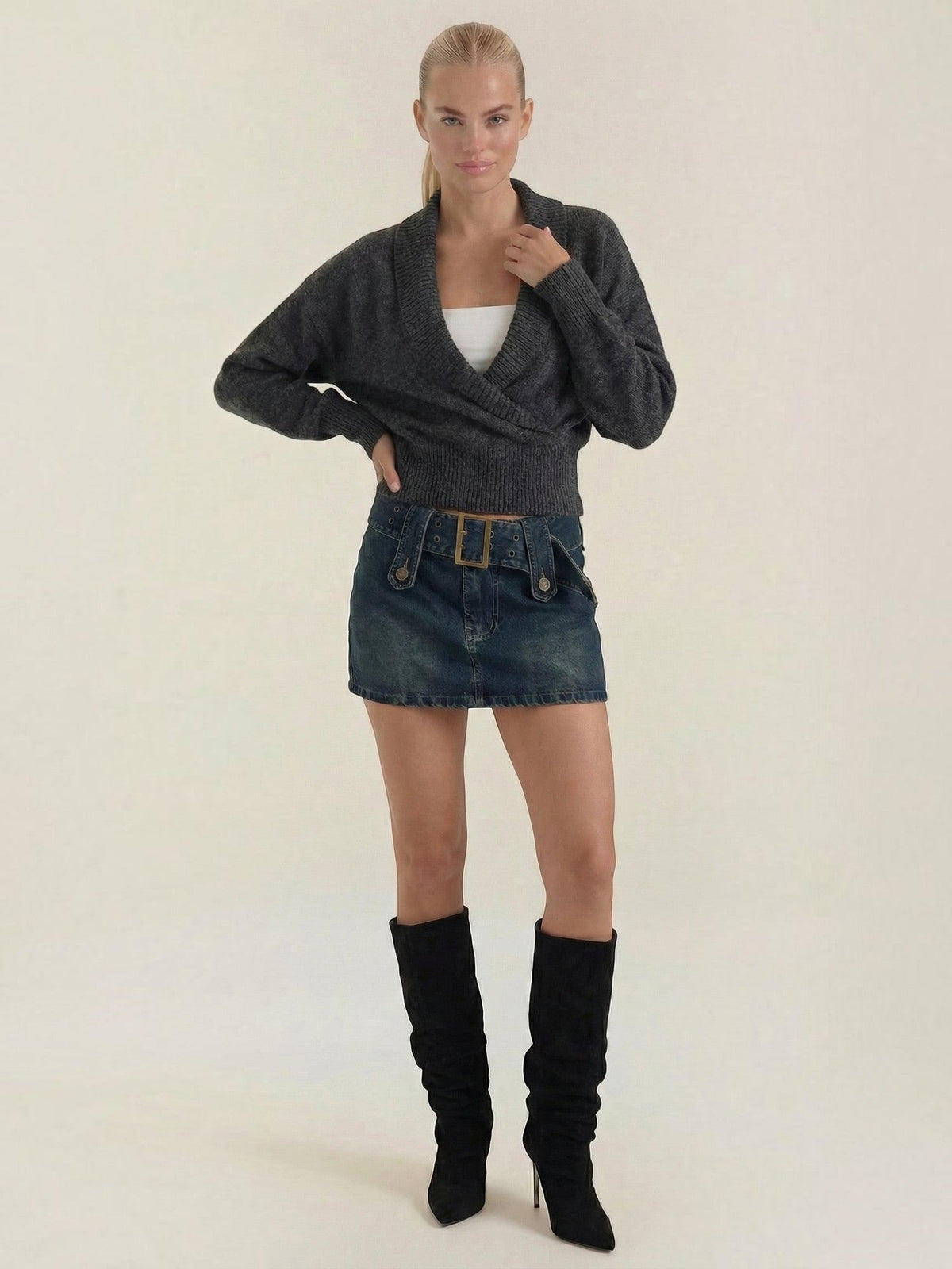 Lynda Wrap Front Cropped Knit Sweater
