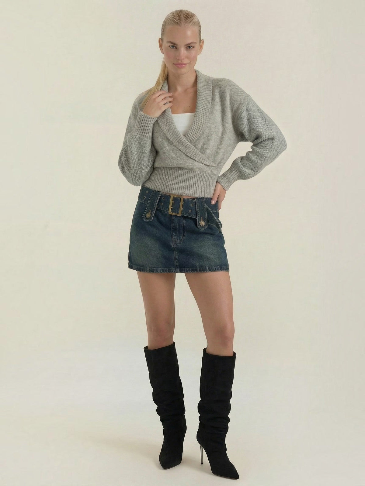 Lynda Wrap Front Cropped Knit Sweater