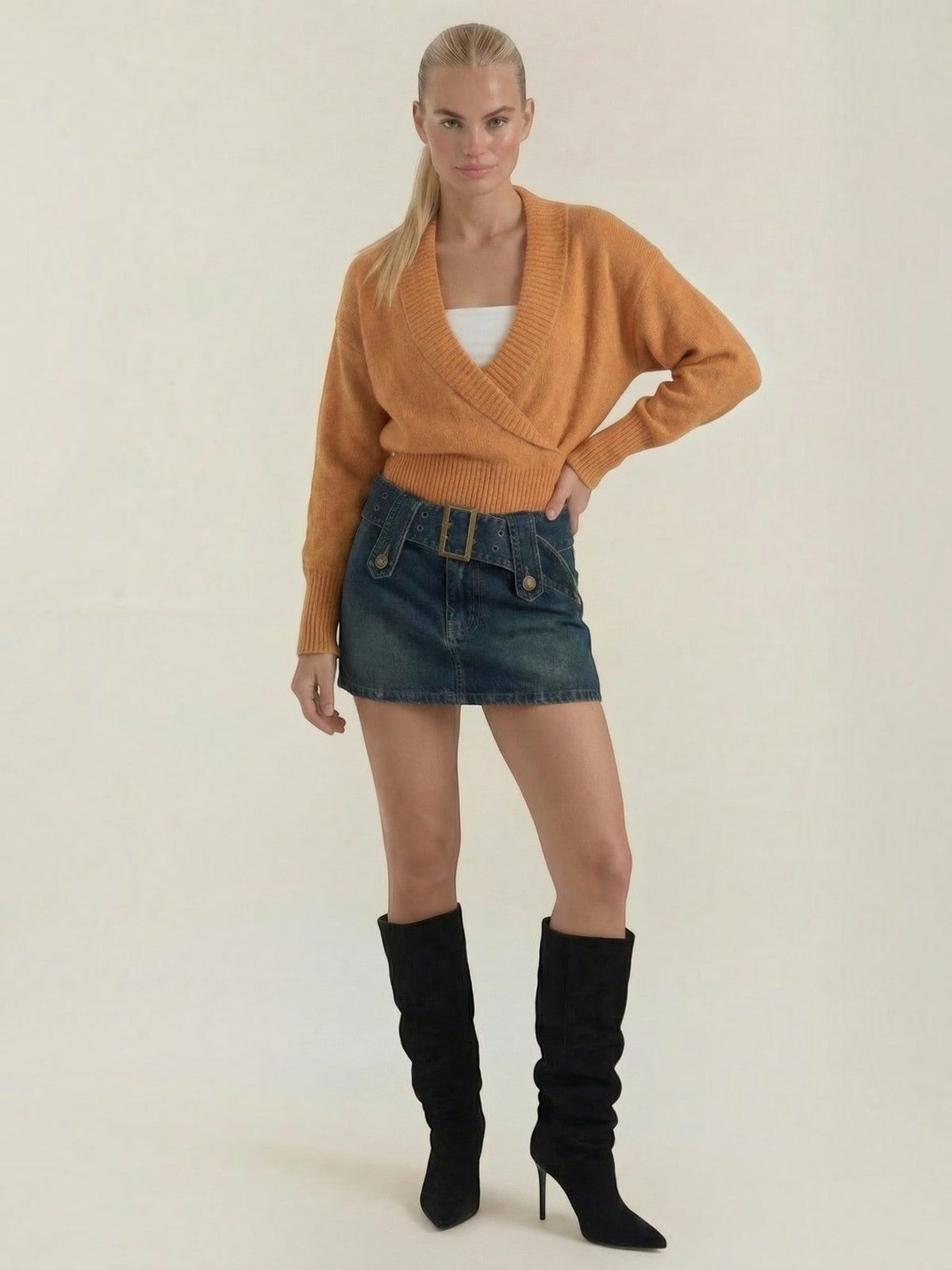 Lynda Wrap Front Cropped Knit Sweater